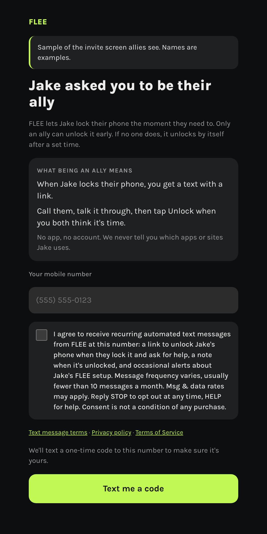 Screenshot of the ally invite page with the unchecked consent box and its full wording