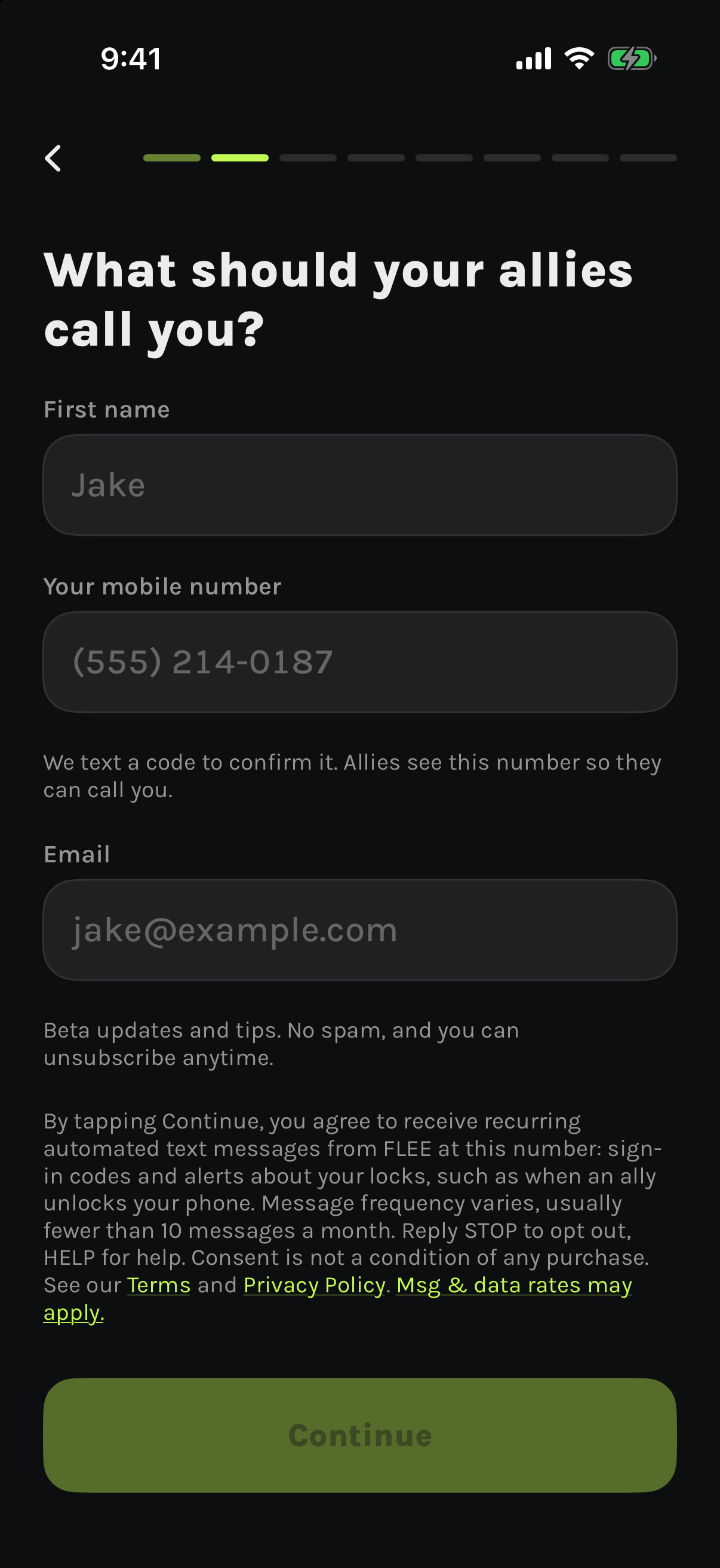 Screenshot of the FLEE app's sign-in screen with the consent wording above the Continue button